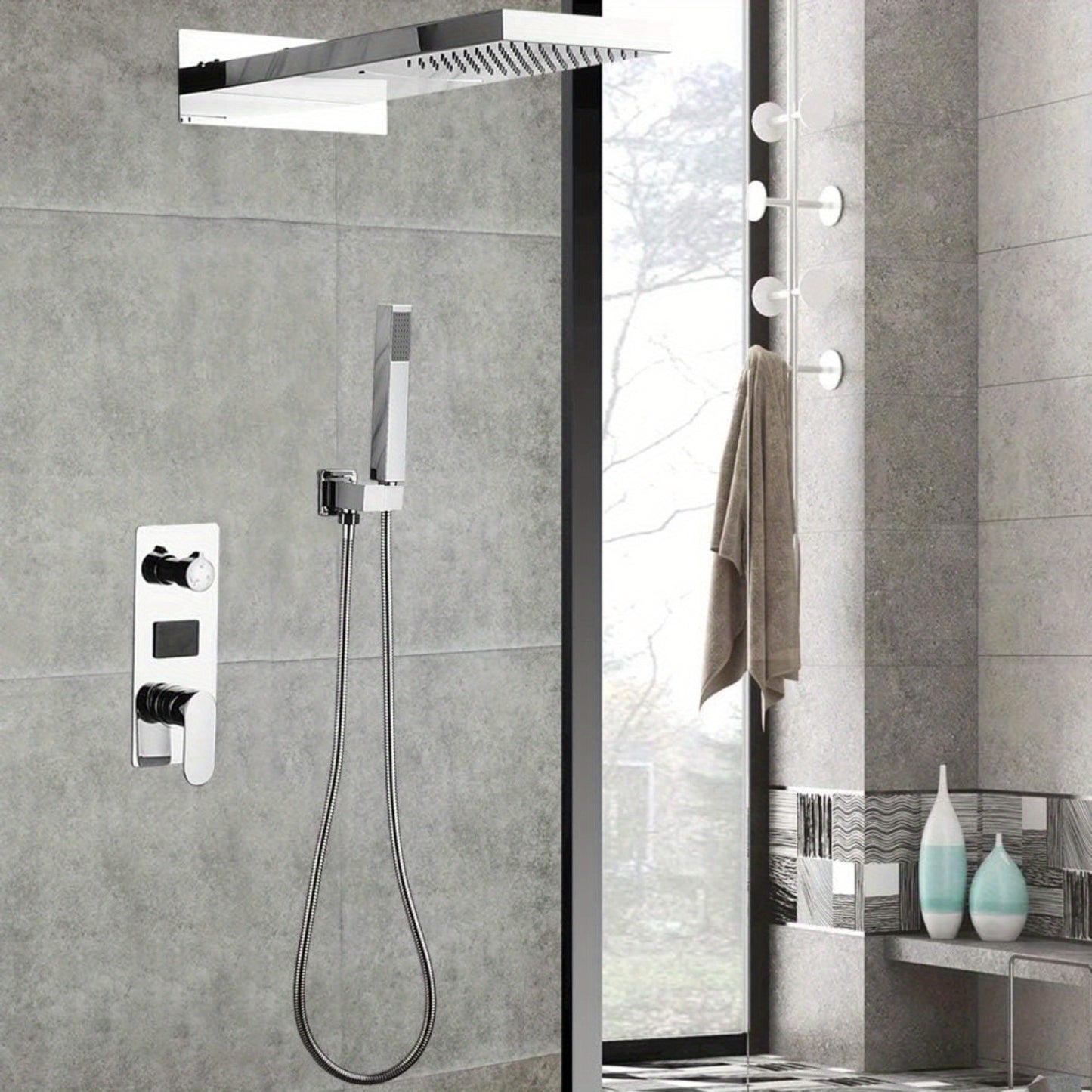 Inbouw Douche Systeem – Douche Set – Regendouche – Handdouche – Muurmontage – Zilverkleurig – Keramische Mengkraan – Roestvrijstalen Handdoucheslang 150 cm