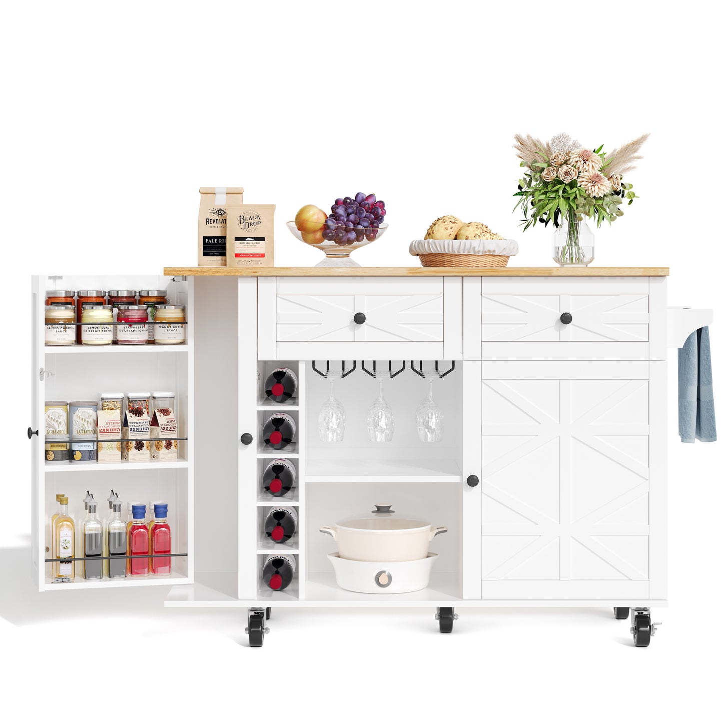 Keukentrolley – Keukenwagen – Serveerwagen – Keukenrek – Keukenkast – Uitklapbaar Werkblad – MDF Houtlook – Verrijdbaar met Vergrendelbare Wielen – 120x45(70)x89 cm – Zwart