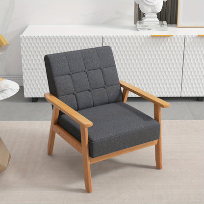 Fauteuil – Accentstoel – Leunstoel – Loungestoel – Armstoel – Mid-Century Modern Design – Ademend Linnen – Stevig Rubberhouten Frame – Grijs – Draagkracht 150 kg