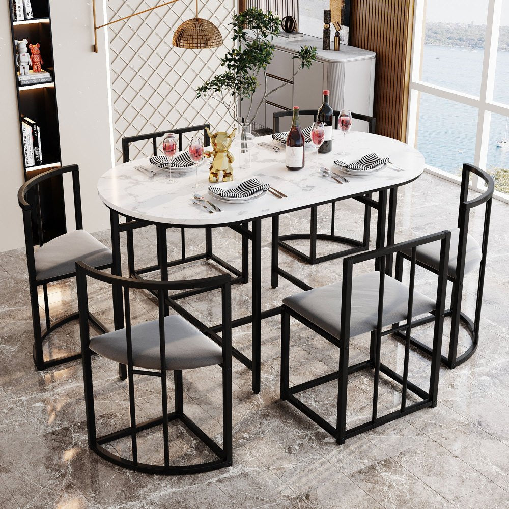 Eettafelset 6 Personen – Dining Table Set – Eetkamerset – Tafeltje Met Stoelen – Restaurantmeubilair – Modern Design – Wit MDF Blad – Zwart Metalen Frame – Comfortabele Grijze Stoelen – Duurzaam & Stevig