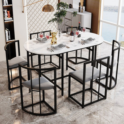 Eettafelset 6 Personen – Dining Table Set – Eetkamerset – Tafeltje Met Stoelen – Restaurantmeubilair – Modern Design – Wit MDF Blad – Zwart Metalen Frame – Comfortabele Grijze Stoelen – Duurzaam & Stevig