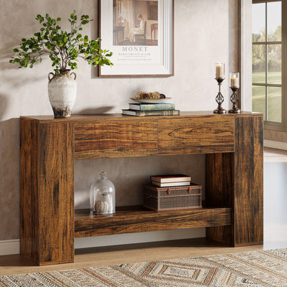 Extra Lange Haltafel – Halmeubel – Sofa Tafel – Sidetable – Wandtafel – 139,95 cm Lang – Verborgen Lades en Open Planken – Stevige MDF Houtlook – Eenvoudig Te Monteren