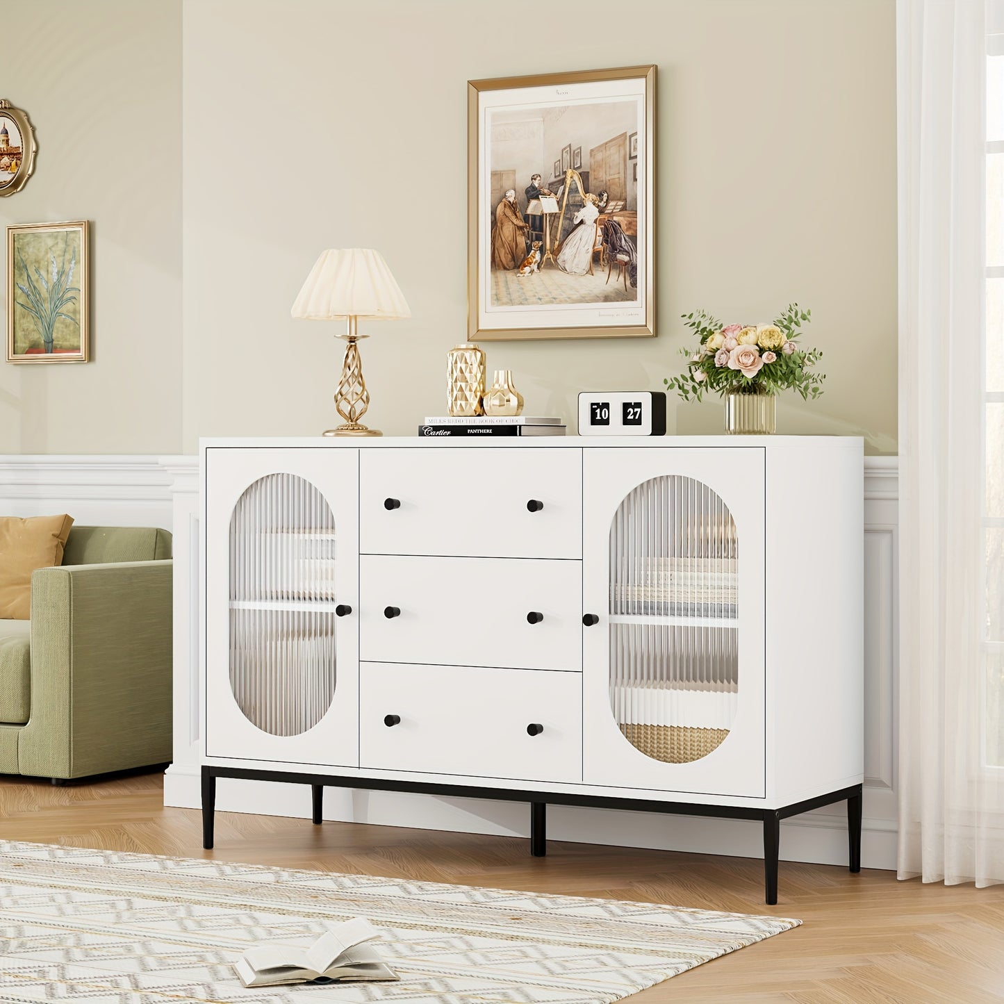 Ladekast – Kast – Opbergkast – Dressoir – Zijkast – Wit Zwart Hout – Verstelbare Planken – 3,2+ Kubieke Voet Capaciteit