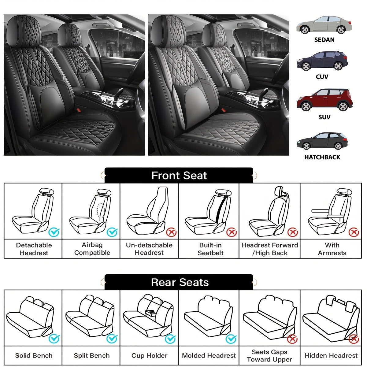 Leather Car Seat Covers Full Set Universal, Fit for Peugeot 208, 2008, 308, 3008, 508, 5008, 206, 307, Adjustable Front Seats And Back, Automotive 5 Seat Covers All Season, Car Seat Protectors Airbag Compatible, Vehicle Inter