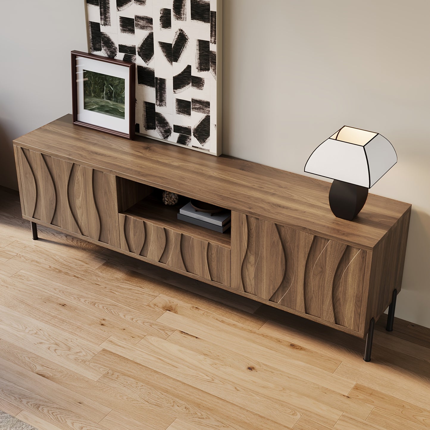 TV-meubel – TV-kast – Lowboard – Dressoir – Media meubel – 3D Gestreept – Bamboe – Laag Ontwerp – Vloerplaatsing