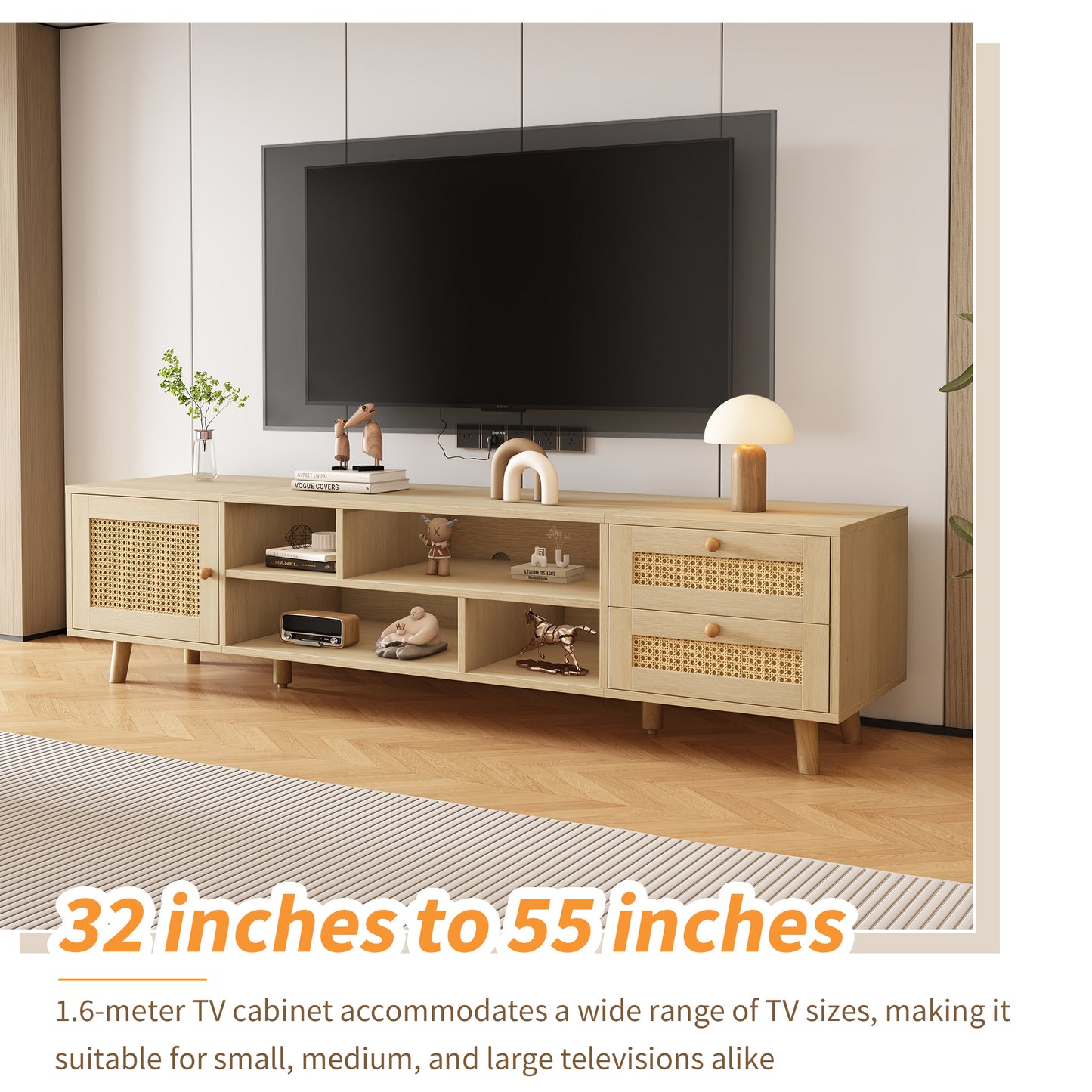 TV Lowboard – TV Meubel – TV Kast – TV Dressoir – TV Cabinet – Houtlook & Rattan – Geschikt Voor 70 Inch – Verstelbare Poten & Kabelbeheer