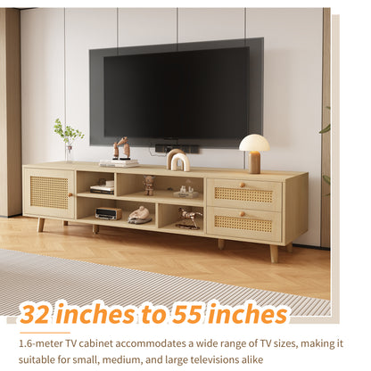 TV Lowboard – TV Meubel – TV Kast – TV Dressoir – TV Cabinet – Houtlook & Rattan – Geschikt Voor 70 Inch – Verstelbare Poten & Kabelbeheer