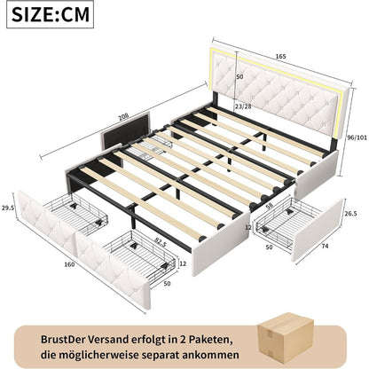 Double Bed with Storage, LED Lighting, 4 Drawers, USB Charging, Quick Assembly, PU Metal Frame, Classic Design, Suitable for Adult Bedrooms