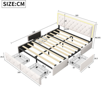 Tweepersoonsbed – Bedframe – Opbergbed – Led Bed – Slaapkamerbed – 160x200 cm – PU Leder Bekleding – Ingebouwde USB Oplaadpoorten