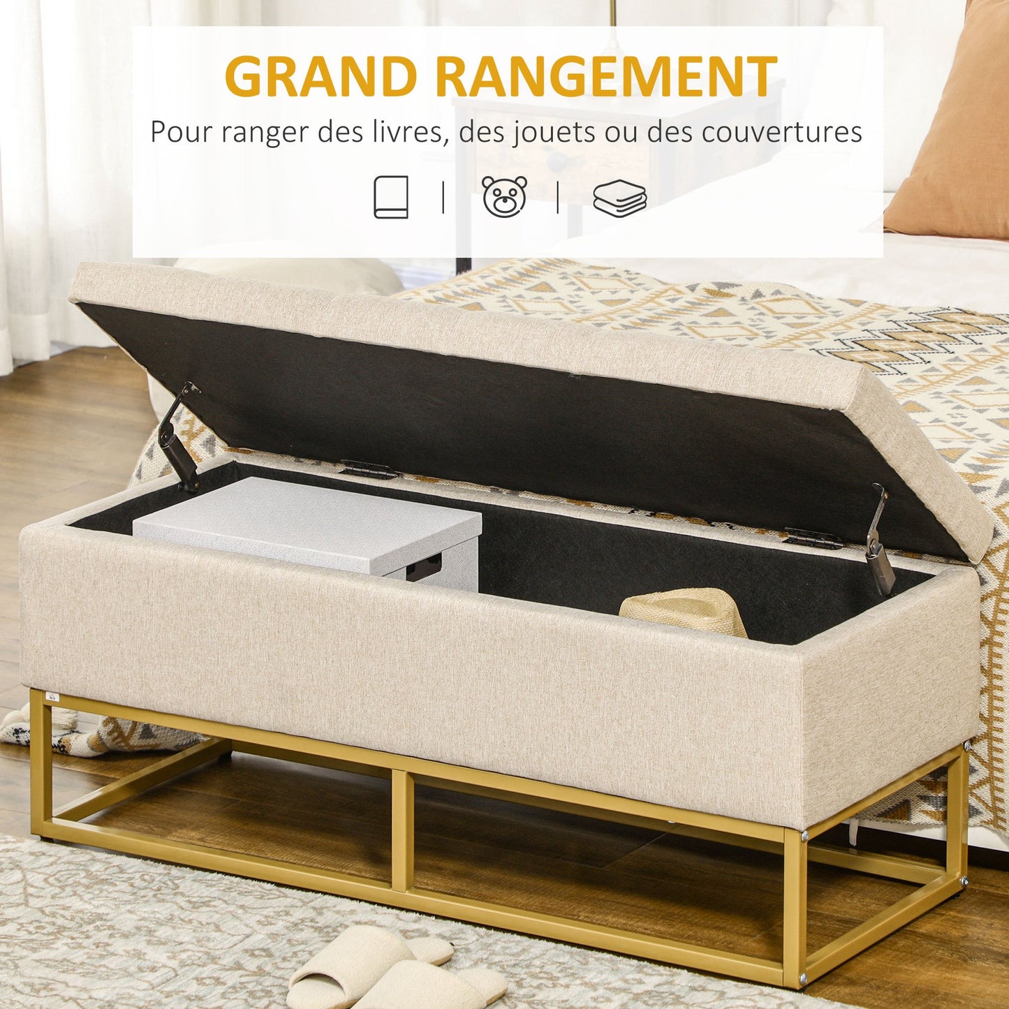 Opbergbank – Opbergbank – Zitkist – Bankje – Opbergbox – Beige Stoffering – Hoog draagvermogen 200 kg – Gouden Metalen Poten – 110x44x48 cm