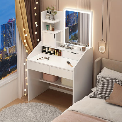 Make-up Tafel – Schminktafel – Kaptafel – Dressingspiegel – Vanity Desk – Wit MDF – 2 Lades en Open Planken – Compact en Stevig Design