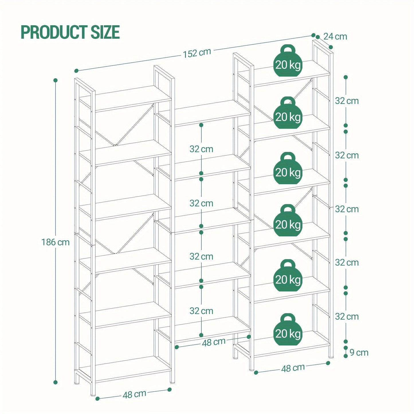 Boekenkast Zwart – Boekrek – Vakkenkast – Stellingkast – Opbergkast – 17 Planken Verstelbaar – Max. 340 kg Belastbaar – 24x152x186 cm