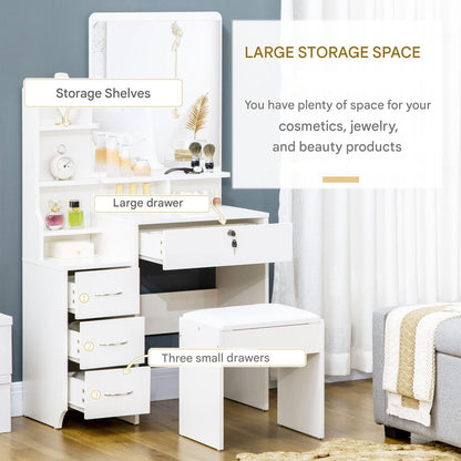 Kaptafel – Make-uptafel – Schminktafel – Dressing Table – Make-up Tafel – Grote Spiegel – 4 Laden & Opbergruimte – Anti-Kantel Design – Inclusief Gestoffeerde Kruk