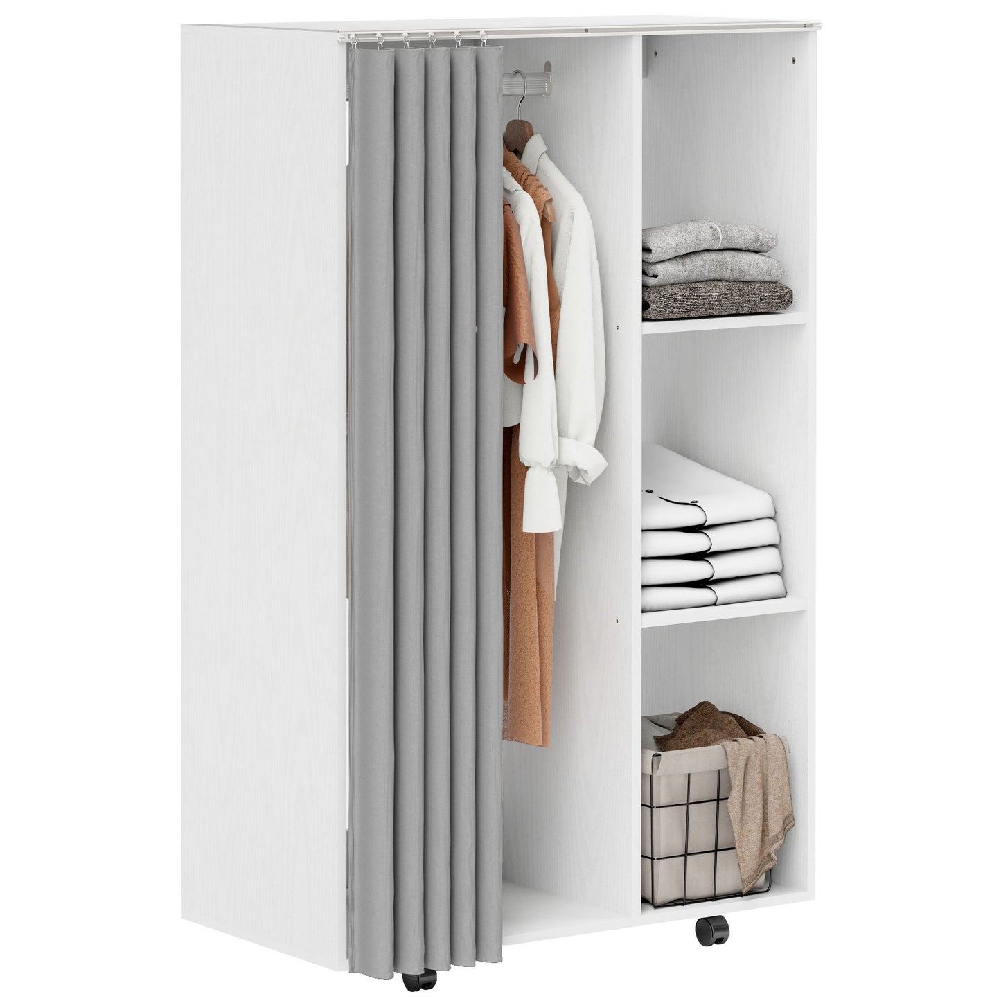 HOMCOM Wardrobe Closet Storage Furniture Mobile 6 Wheels with Clothes Rail And Open Shelves, Rolling Wardrobe Dressing Room for Bedroom, Dim. 80 X 40 X 128 Cm, White