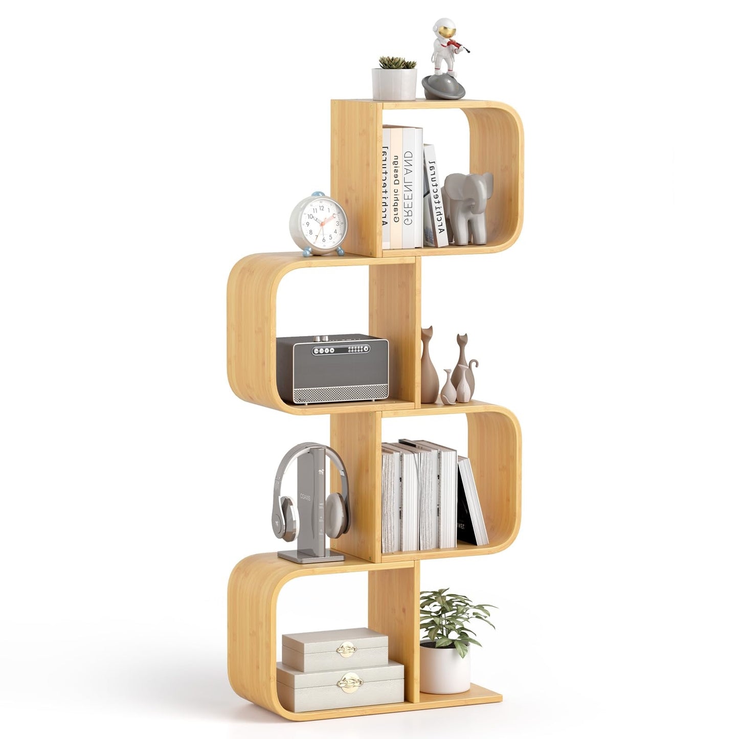 S-Shaped Bookshelf, Bamboo Cube Shelf, Geometric Decorative Shelf for Living Room, Study, Office