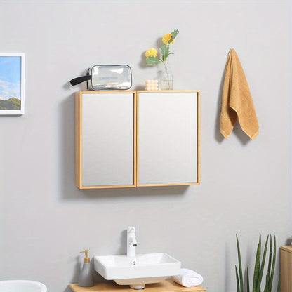 Badkamerkast – Badkamermeubel – Opbergkast – Spiegelkast – Wandschap – Spiegeldeuren – Schuifplanken – Compact Ontwerp – Hout Metaal Glas – 65,2x14x50 cm – Eenvoudige Montage