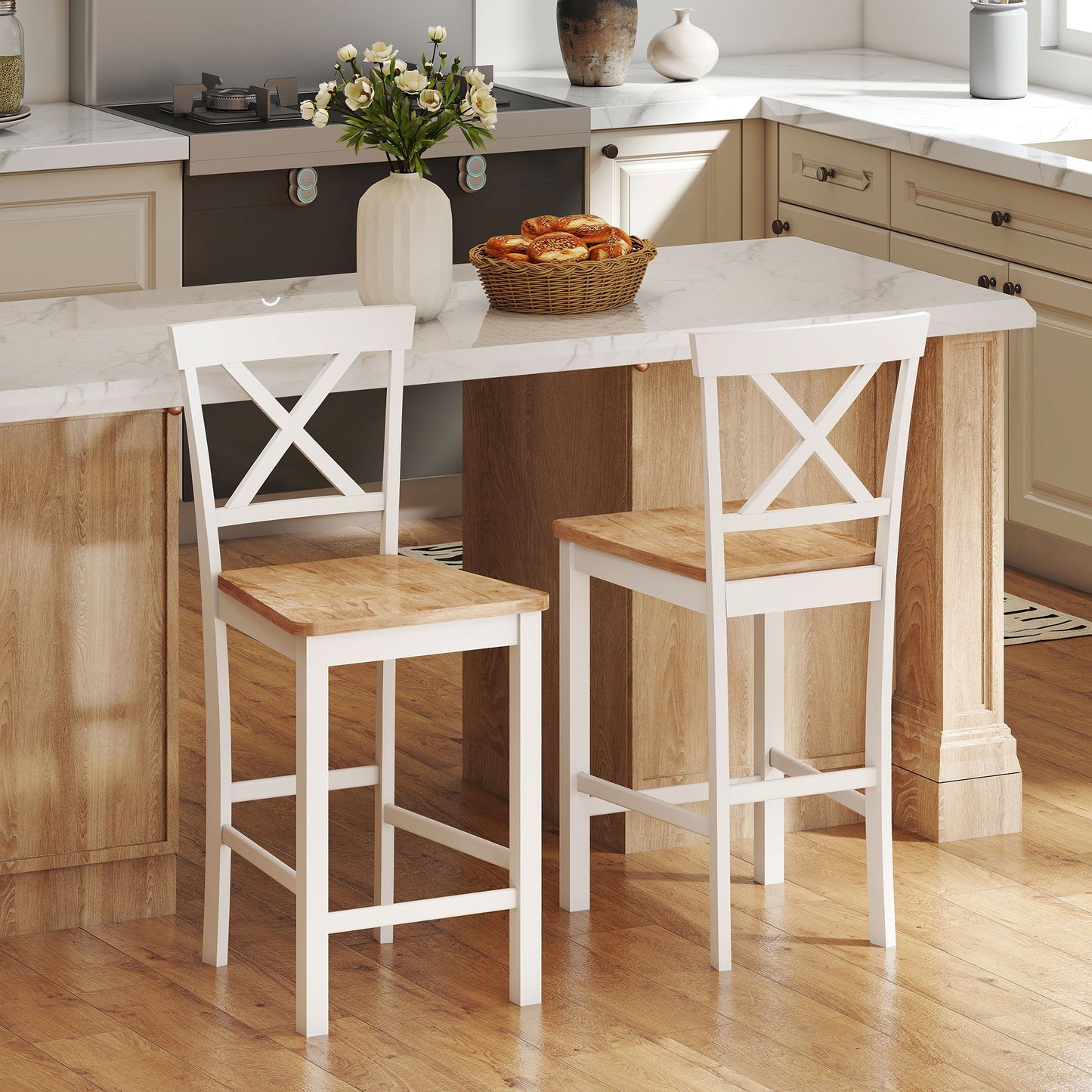 Barstoel – Barkruk – Keukenkruk – Barstoel met Rugleuning – Set van 2 – Rubberwood – Natuurlijk Eiken en Wit – Ergonomisch Design – Zithoogte 60 cm