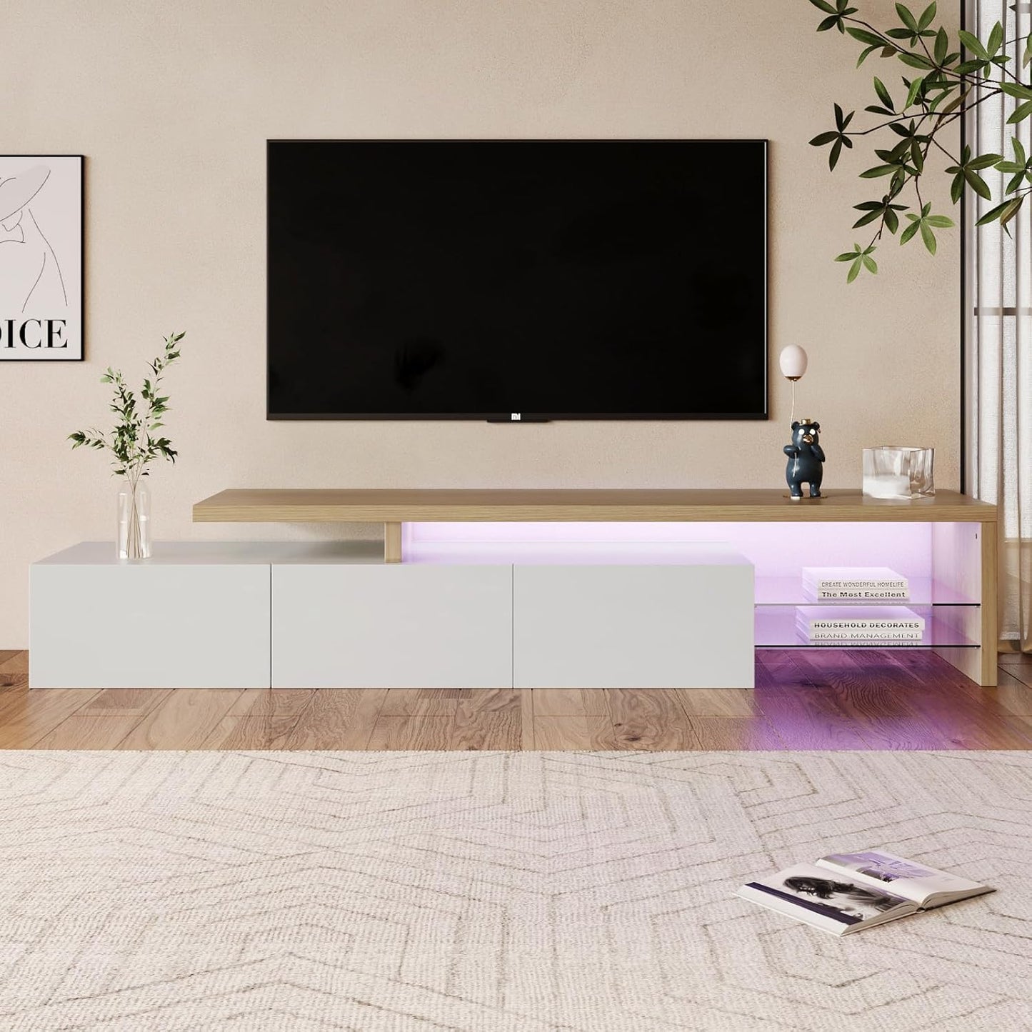 TV-Meubel – TV-Kast – TV-Standaard – TV-Lowboard – Entertainmentmeubel – 200 x 39 x 42 cm – Drie lades en instelbare LED-achtergrondverlichting