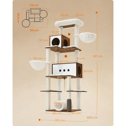 Krabpaal Kattenboom Kattenhuis Kattenmeubel Klimpaal – Vintage Bruin – 197 cm Hoog – 2 Kattenhuisjes & 2 Ligplaatsen