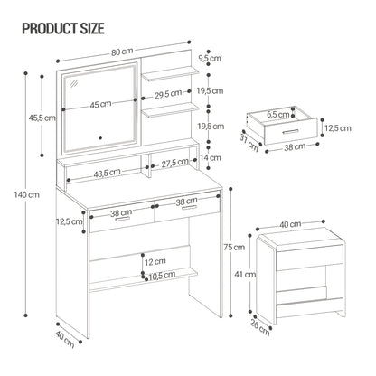 Make-up Tafel – Kaptafel – Vanity Desk – Dressoir – Kleedtafel – Met Instelbare LED Verlichting – 2 AC Stopcontacten + 2 USB Poorten – Inclusief Zachte Kruk – Wit