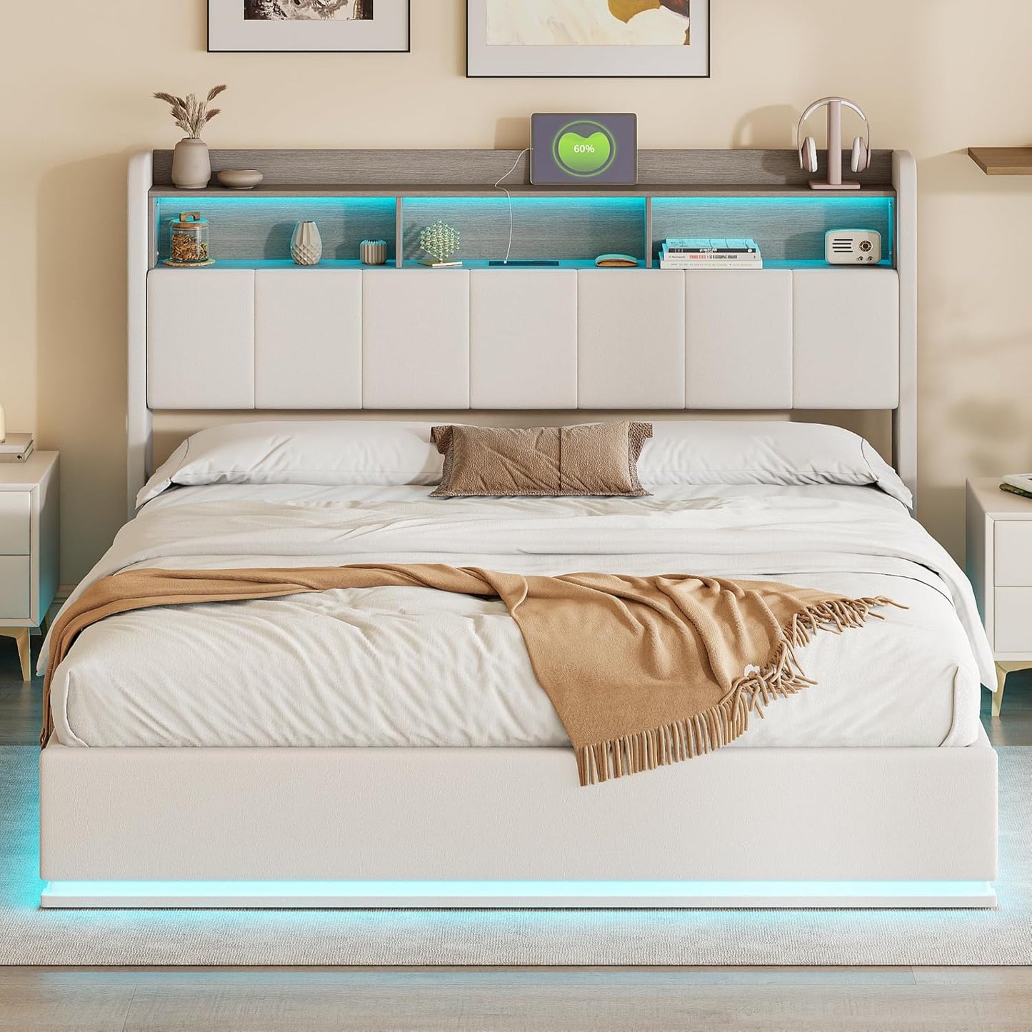 Tweepersoonsbed – Stalen Bedframe – Opbergbed – Fluwelen Bed – Led Verlichting Bed – 160x200 cm – Ingebouwde USB Poort – Opbergruimte Onder Bed
