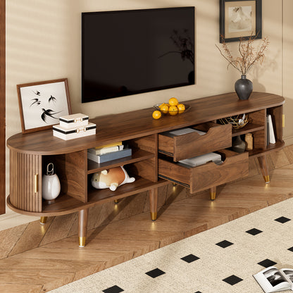 TV-kast – TV-meubel – Mediameubel – TV-dressoir – Tv-meubel met rieten schuifdeuren – Walnootkleur – 175 cm breed – Ruime opbergruimte – Duurzaam bamboemateriaal