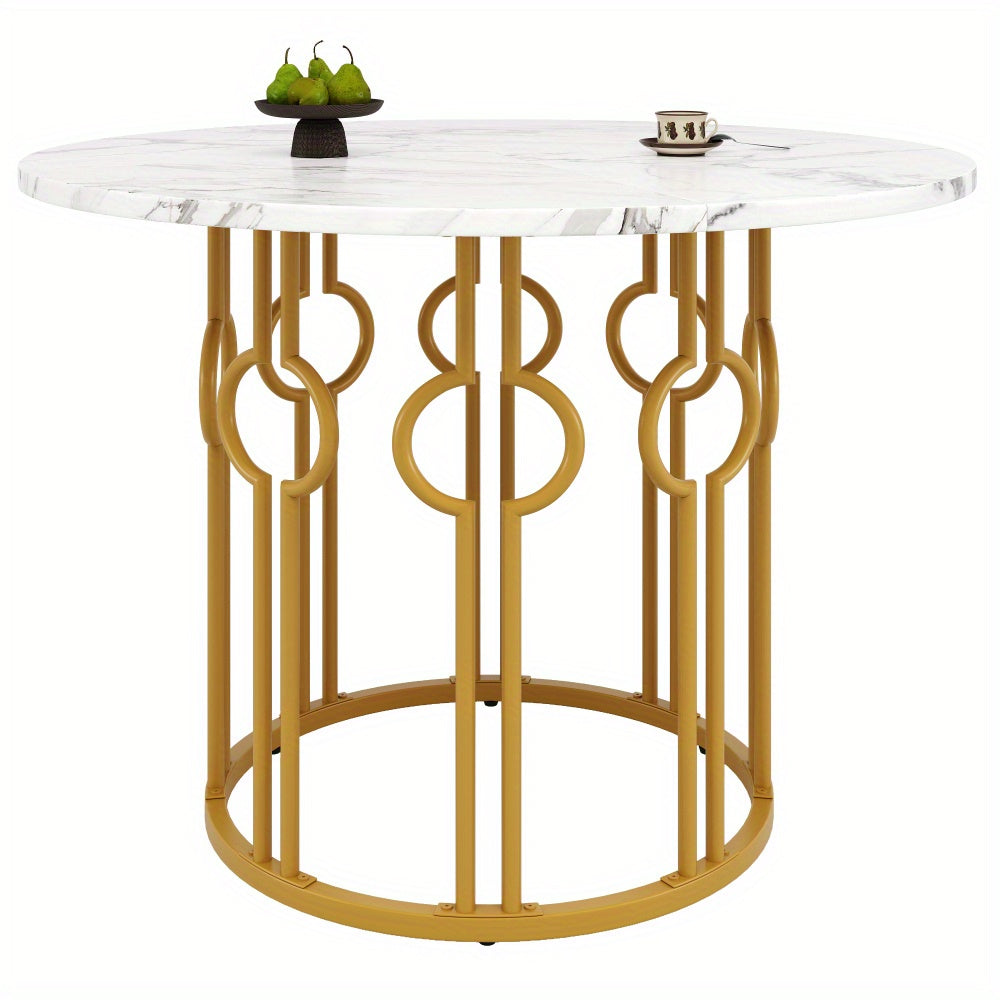 Eettafel – Ronde Tafel – Keukentafel – Woonkamertafel – Eetkamertafel – Marmeren Blad – Gouden Metalen Poten – 100 cm Diameter – Stijlvol Klassiek Design