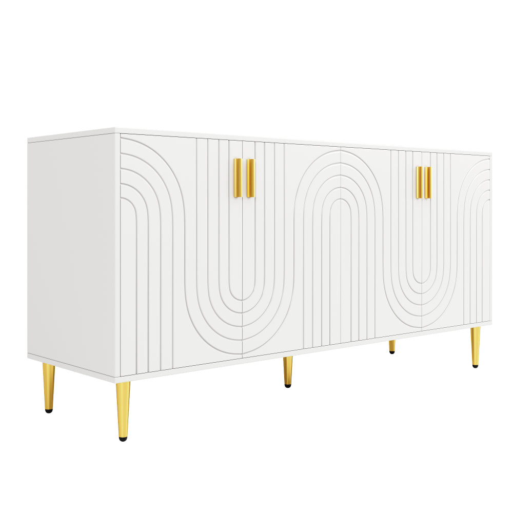 Wit Sideboard – Dressoir – Buffetkast – Opbergkast – Eetkamerkast – Uniek Golf Design – Gouden Handgrepen en Poten – 152 x 40 x 75 cm – Multifunctionele Opbergruimte