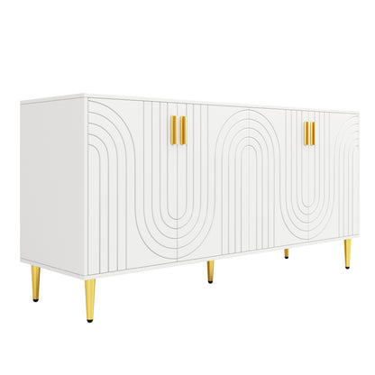 Wit Sideboard – Dressoir – Buffetkast – Opbergkast – Eetkamerkast – Uniek Golf Design – Gouden Handgrepen en Poten – 152 x 40 x 75 cm – Multifunctionele Opbergruimte