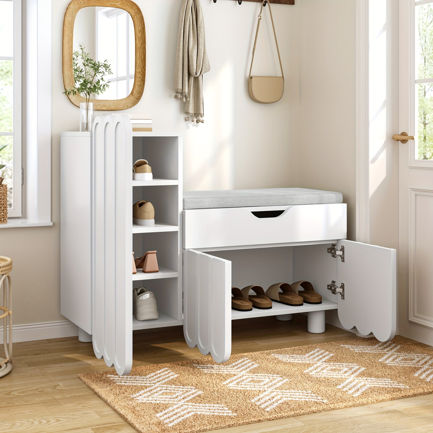 Modern White 3-Door Shoe Cabinet with Bench & Drawer - Space-Saving Hallway Entryway Storage, -Standing Shoe Organizer with Cushioned Seat, Doors & Drawers for Small Spaces, Assembly Required (Compatible with Narrow Hallways)