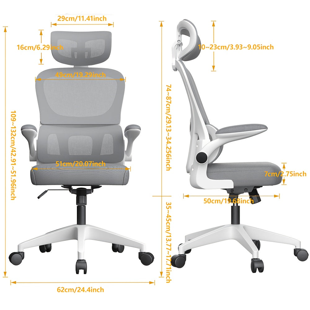 Ergonomische Bureaustoel – Bureaustoel Met Hoofdsteun – Werkstoel – Kantoorstoel – Stoel Voor Bureau – Ademend Mesh – Verstelbare Zithoogte & 360° Draaibaar – Grijs/Wit – Stevig Frame & Comfortabele Sponszitting