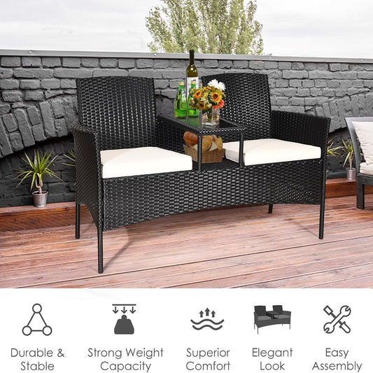 Patio Loveseat – Buitenbank – Tuinmeubel – Loveseat Set – Balkonset – Weerbestendig PE Rattan – Tafel Met Gehard Glas