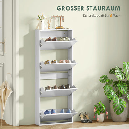 Schoenenkast – Schoenenrek – Schoenenopberger – Schoenenbank – Smalle Metalen Kast – 4 Kantelbare Lades – Geschikt Voor 8 Paar Schoenen – Wit