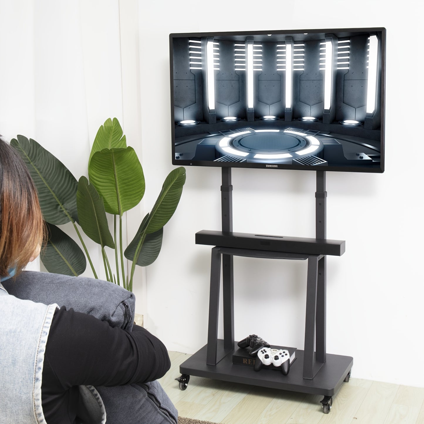 Mobile TV Stand on Wheels: Heavy Duty TV Trolley for 32-80 inch LCD LED OLED Flat TVs Rolling TV Floor Stand with 2 Tier Metal Shelf Height Adjustable Holds up to 65kg Max VESA 600x400mm