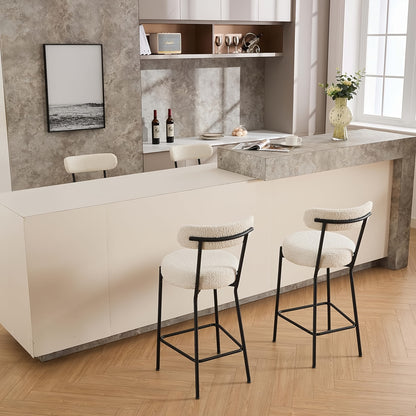 Set of 2 Modern Counter Height Bar Stools with Upholstered Boucle Seats & Backrests - Heavy-Duty Metal Frame, 136.08KG Weight Capacity, Black Legs & White Cushioned Seating - Easy Assembly, Contemporary Kitchen Island Chairs