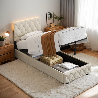 Opbergbed – Gestoffeerd Bed – Boxspringbed – Tweepersoonsbed – Slaapkamerbed – 180x200 cm – Hydraulisch Liftsysteem – Luxueus Knoop Hoofdbord