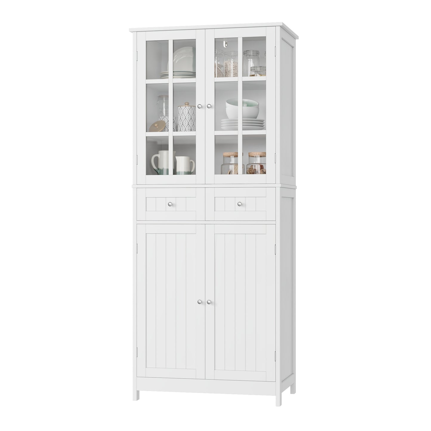 Keukenkast – Voorraadkast – Opbergkast – Buffetkast – Keukenmeubel – 181 cm Hoog – MDF Hout Wit Met Glazen Deurtjes