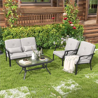 Tuinmeubelset – Loungeset – Tuinbank – Tuinstoelen – Salontafel – Zwart Metalen Frame – Comfortabele Grijze Kussens