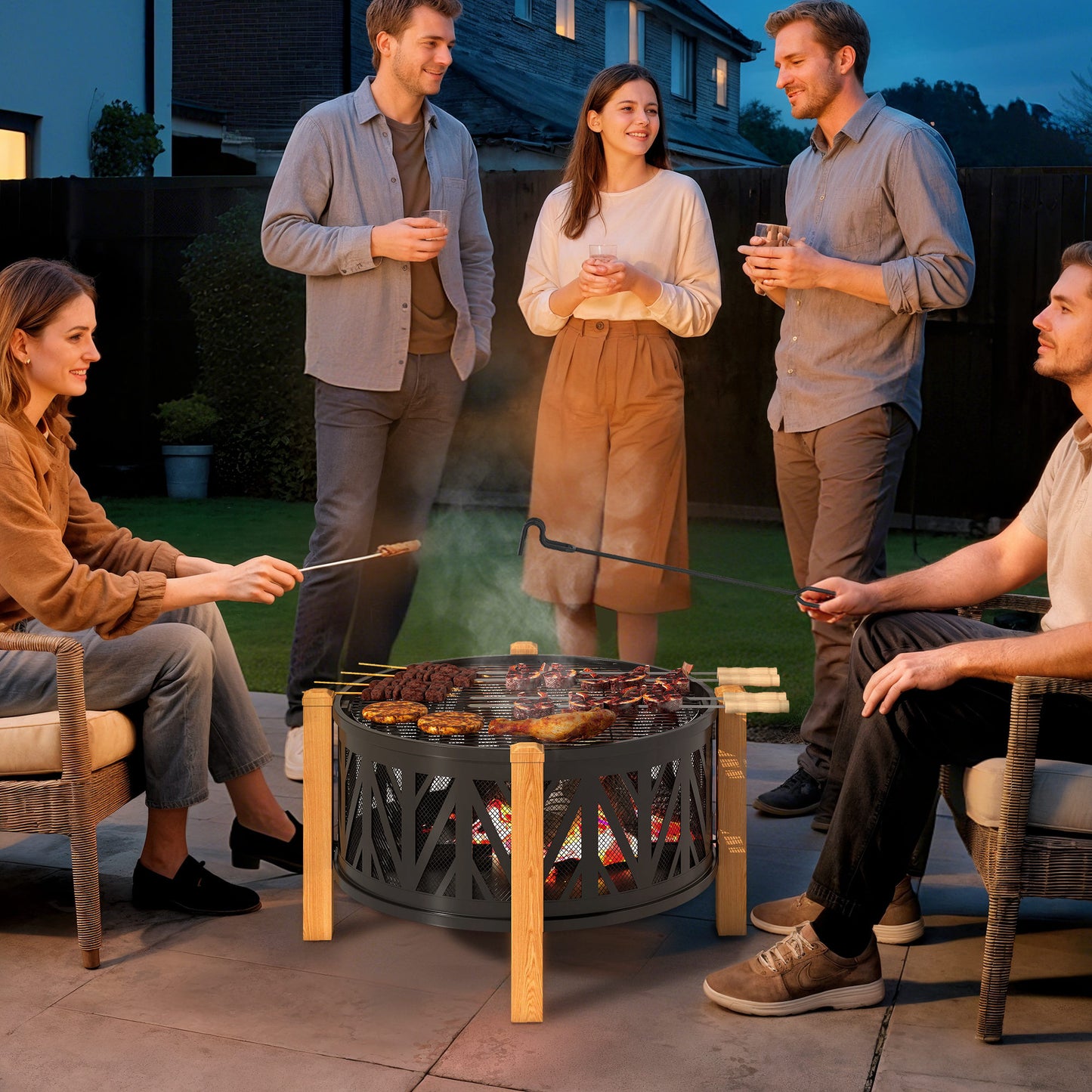 Vuurschaal – Vuurkorf – Tuinhaard – Buitenhaard – Barbecue – 2-In-1 Design – Grillrooster Ø58 Cm – Zwart-Bruin Metalen Behuizing