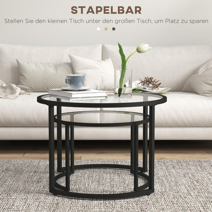 Bijzettafel Set – Salontafel – Side Table – Cocktailtafel – Tafeltje – Zwart Stalen Frame – Gehard Glasblad – Deels Stapelbaar – Voor Woonkamer & Lounge