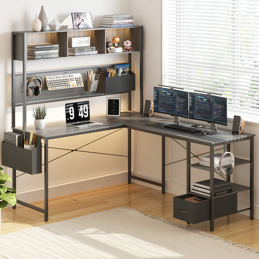 Hoekbureau – Computerbureau – Game Bureau – L-Vormig Bureau – Bureau Gaming – Met Metalen Frame – Inclusief Lade en Planken – 170 cm Grijs
