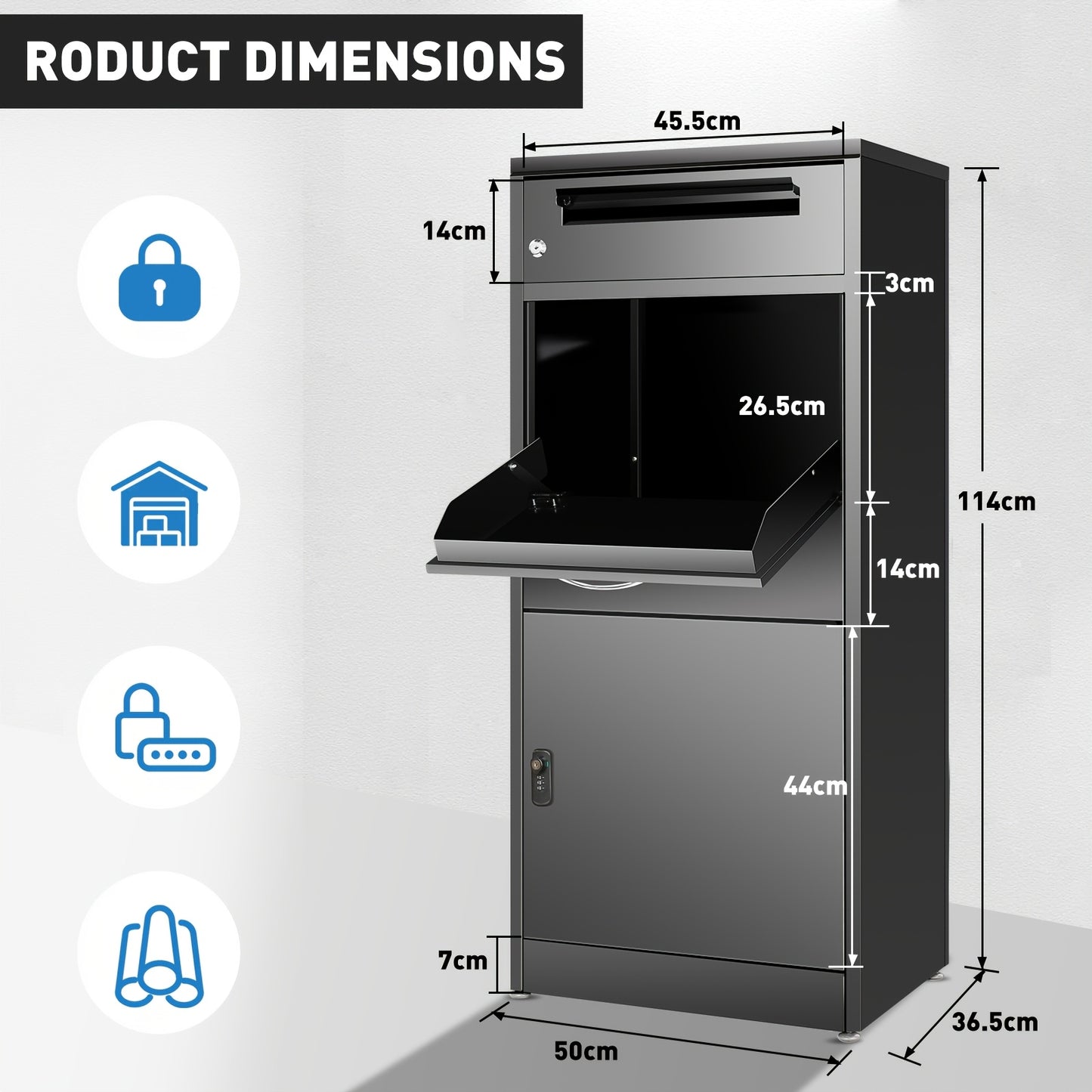 Pakketbrievenbus – Pakketbox – Brievenbus – Pakketkast – Bezorgbox – Groot 50x36,5x114 cm – Gecoat Automotive Staal & Combinatieslot Veiligheid