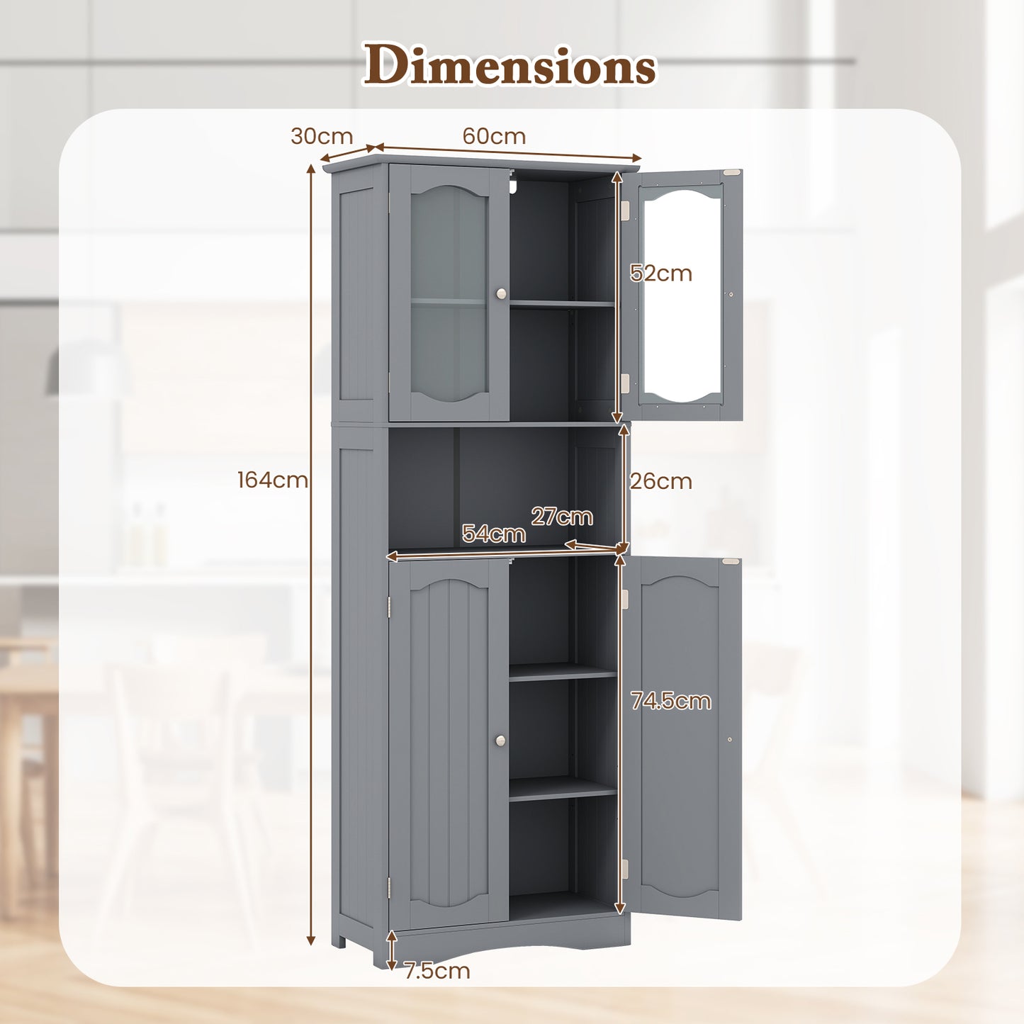 Badkamerkast – Opbergkast – Kolomkast – Badkamermeubel – Wastafelonderkast – 164 cm Hoog – MDF Met Gehards Glas