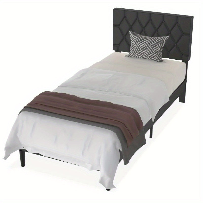 Bedframe – Eenpersoonsbed – Seniorenbed – Kinderbed – Logeerbed – Zwart Kunstleren Hoofdbord – Stevig Metalen Lattenbodem 90x200 cm