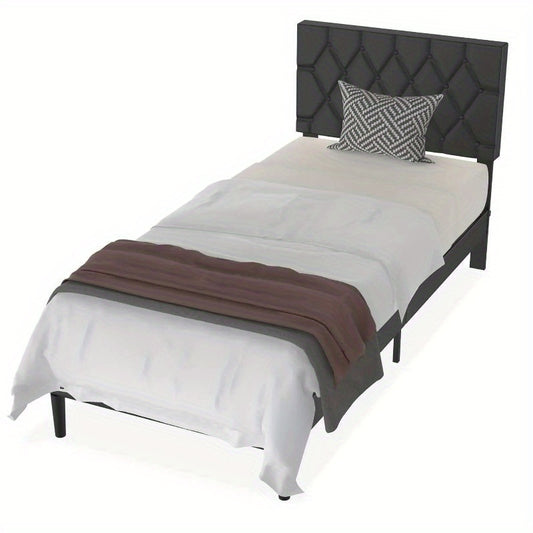 Bedframe – Eenpersoonsbed – Seniorenbed – Kinderbed – Logeerbed – Zwart Kunstleren Hoofdbord – Stevig Metalen Lattenbodem 90x200 cm