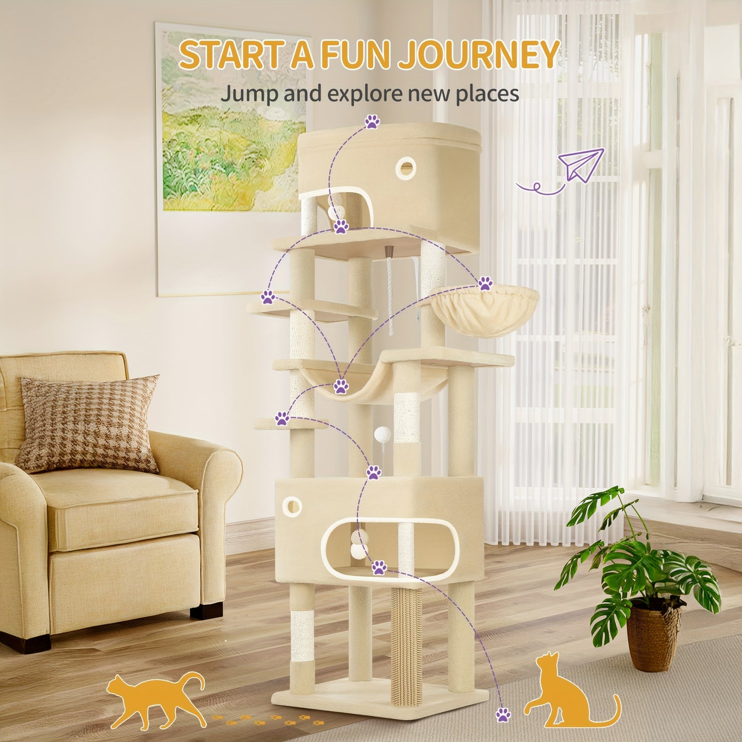 Cat Scratching Post with Large Platform, 2 Caves, 7 Scratching Posts, Pompoms, Loungers, Hammock, Suitable for All Cat Breeds, Beige - QUORE