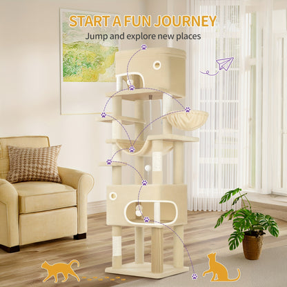Cat Scratching Post with Large Platform, 2 Caves, 7 Scratching Posts, Pompoms, Loungers, Hammock, Suitable for All Cat Breeds, Beige - QUORE