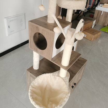 Kattenboom – Kattenhuis – Krabpaal – Kattenmeubel – Klimpaal – Verborgen Kattenbak – Stevige Houten Constructie – Ruimtebesparend & Modern Grijs