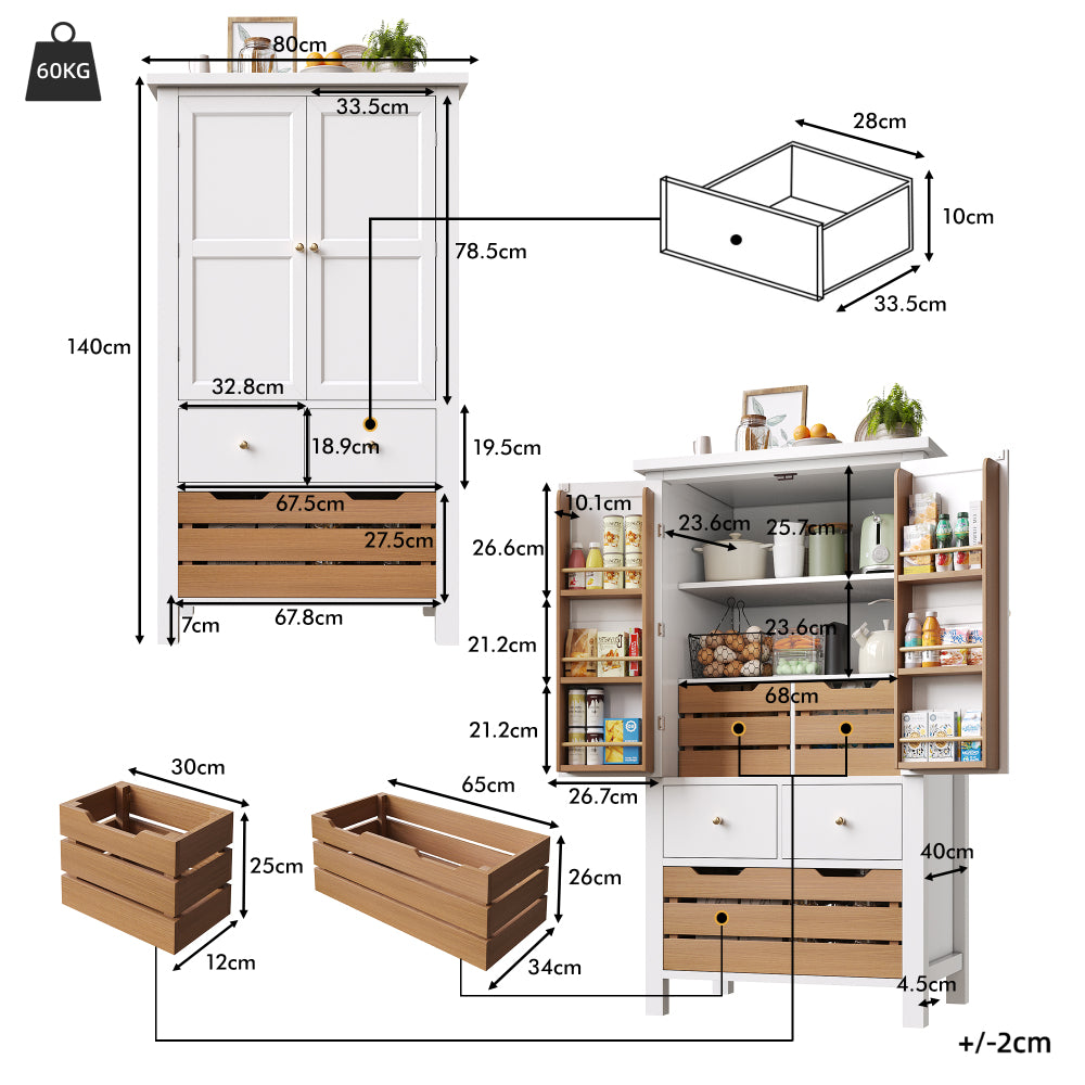 Modern Tall White Kitchen Cabinet with 2 Doors & 5 Drawers - Heavy-Duty -Standing Storage Unit Suitable for Small Kitchens, Dish Cabinet, Pantry, Space-Saving