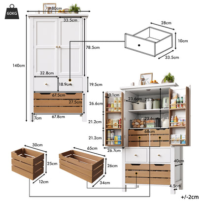 Modern Tall White Kitchen Cabinet with 2 Doors & 5 Drawers - Heavy-Duty -Standing Storage Unit Suitable for Small Kitchens, Dish Cabinet, Pantry, Space-Saving